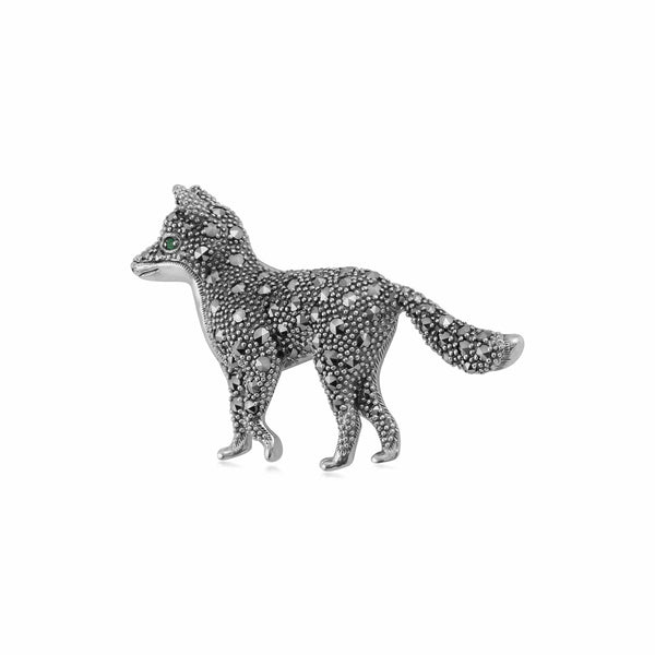 Gemondo Classic Marcasite & Emerald Fox Brooch In 925 Sterling Silver