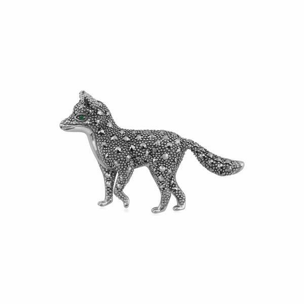 gemondo Classic Marcasite & Emerald Fox Brooch in 925 Sterling Silver
