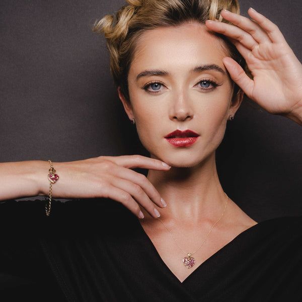 Gemondo Classic Marquise Ruby Heart Charm T-Bar Bracelet In 9ct Gold