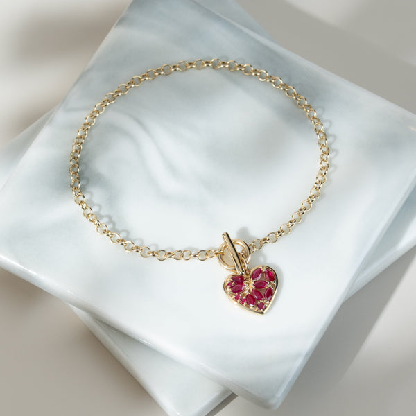 Gemondo Classic Marquise Ruby Heart Charm T-Bar Bracelet In 9ct Gold