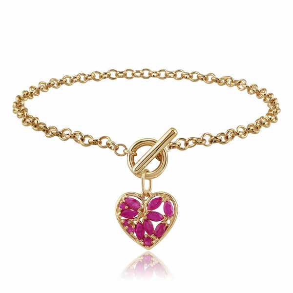 Gemondo Classic Marquise Ruby Heart Charm T-Bar Bracelet In 9ct Gold