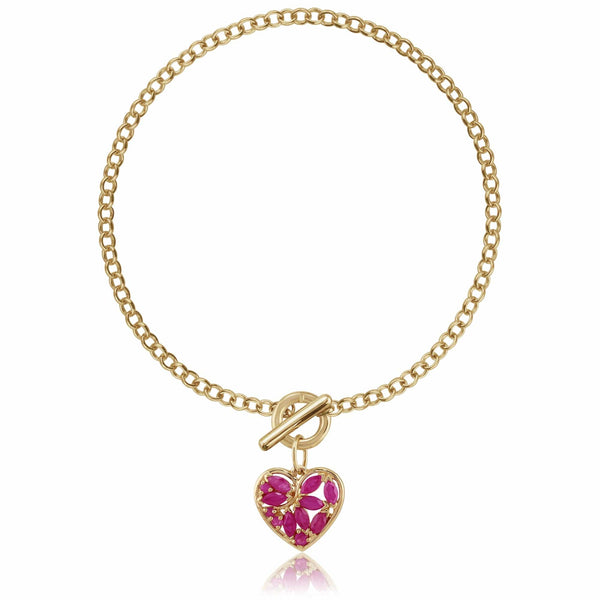 gemondo Classic Marquise Ruby Heart Charm T-Bar Bracelet in 9ct Gold