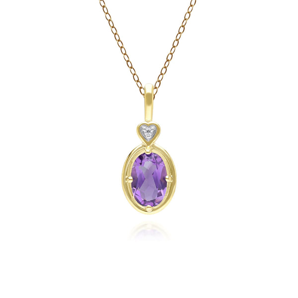 gemondo Classic Oval Amethyst & Diamond Heart Pendant Necklace In 9ct Yellow Gold