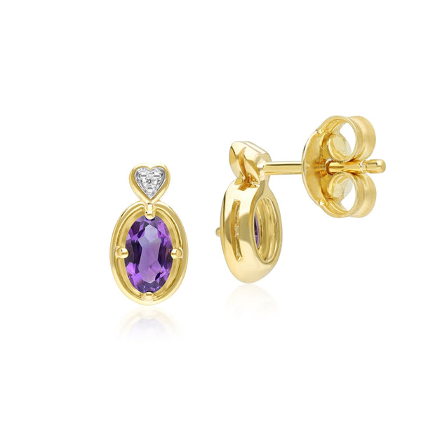 Gemondo Classic Oval Amethyst & Diamond Heart Stud Earrings In 9ct Yellow Gold