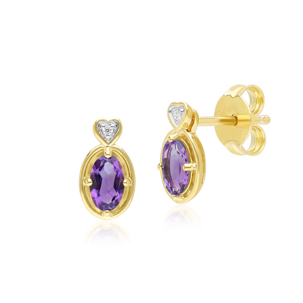 gemondo Classic Oval Amethyst & Diamond Heart Stud Earrings In 9ct Yellow Gold