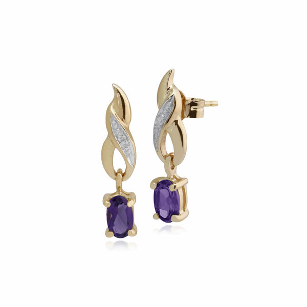 gemondo Classic Oval Amethyst & Diamond Twist Drop Earrings in 9ct Yellow Gold