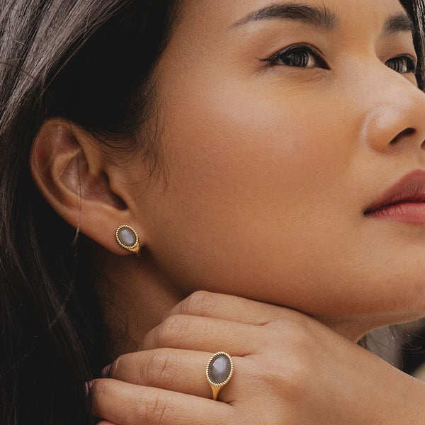 Gemondo Classic Oval Black Moonstone Drop Stud Earrings In 9ct Yellow Gold