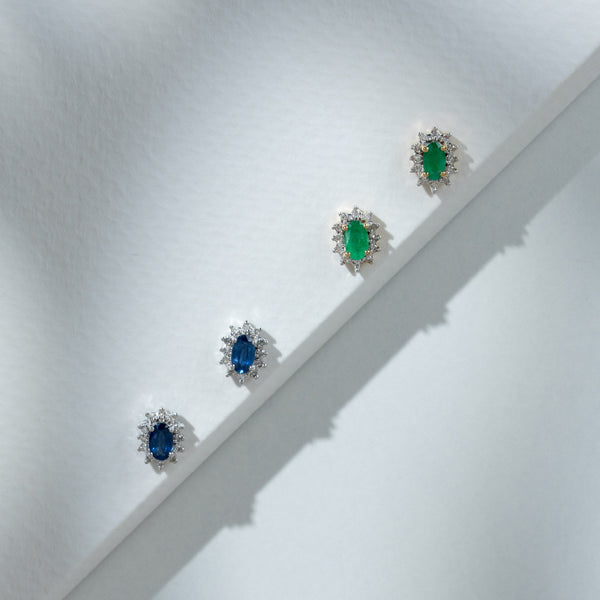 Gemondo Classic Oval Emerald & Diamond Cluster Stud Earrings In 9ct Yellow Gold