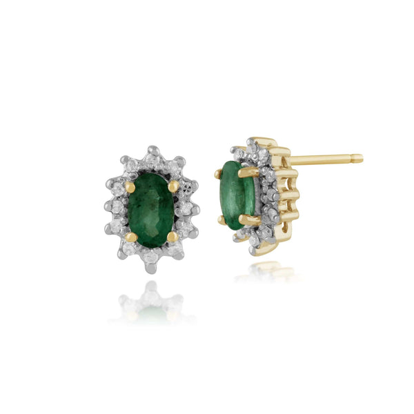 gemondo Classic Oval Emerald & Diamond Cluster Stud Earrings in 9ct Yellow Gold