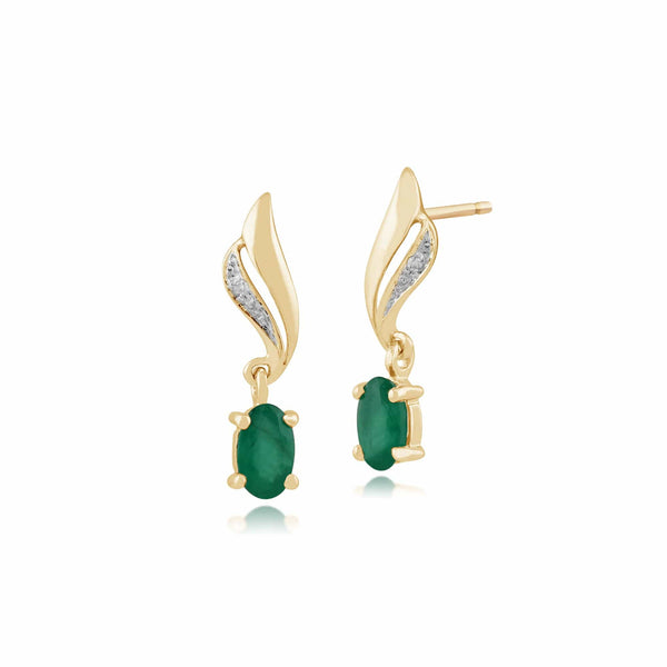 gemondo Classic Oval Emerald & Diamond Drop Earrings in 9ct Yellow Gold
