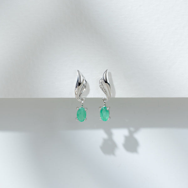 Gemondo Classic Oval Emerald & Diamond Twist Drop Earrings In 9ct White Gold