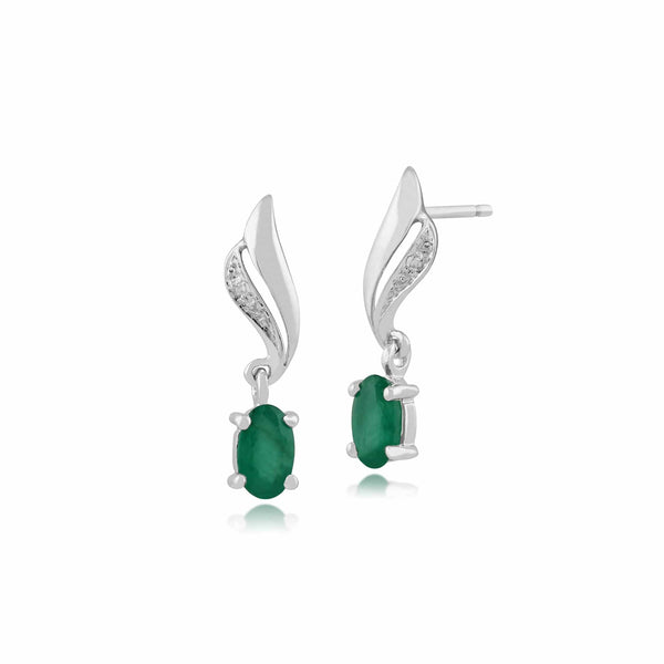 gemondo Classic Oval Emerald & Diamond Twist Drop Earrings in 9ct White Gold