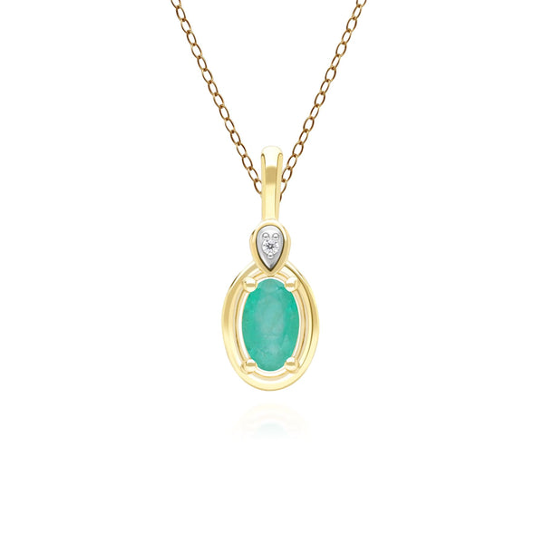 gemondo Classic Oval Emerald & Round Diamond Pendant Necklace In 9ct Yellow Gold