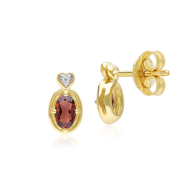Gemondo Classic Oval Garnet & Diamond Heart Stud Earrings In 9ct Yellow Gold