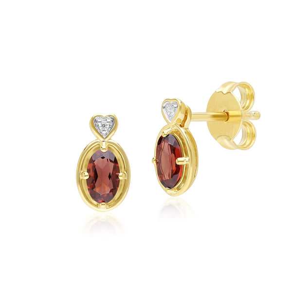 gemondo Classic Oval Garnet & Diamond Heart Stud Earrings In 9ct Yellow Gold