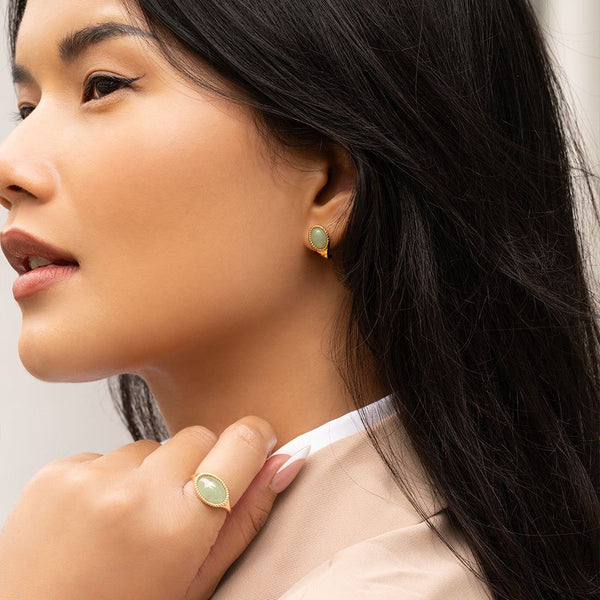 Gemondo Classic Oval Green Jadeite Drop Stud Earrings In 9ct Yellow Gold