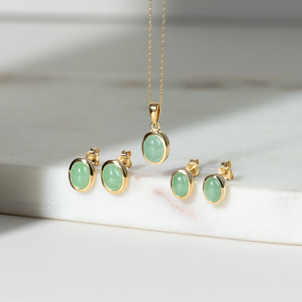 Gemondo Classic Oval Jade Cabochon Stud Earrings In 9ct Yellow Gold 10x8mm