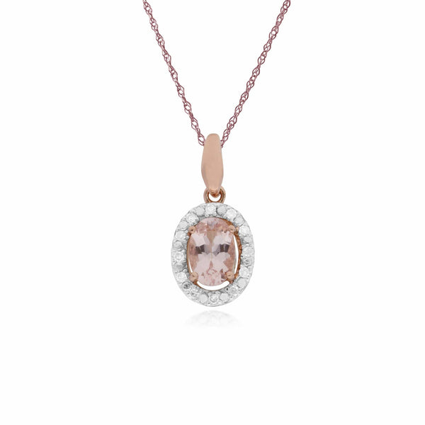 Gemondo Classic Oval Morganite & Diamond Halo Pendant & Halo Ring In 9ct Rose Gold