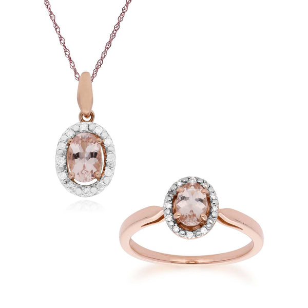 gemondo Classic Oval Morganite & Diamond Halo Pendant & Halo Ring in 9ct Rose Gold