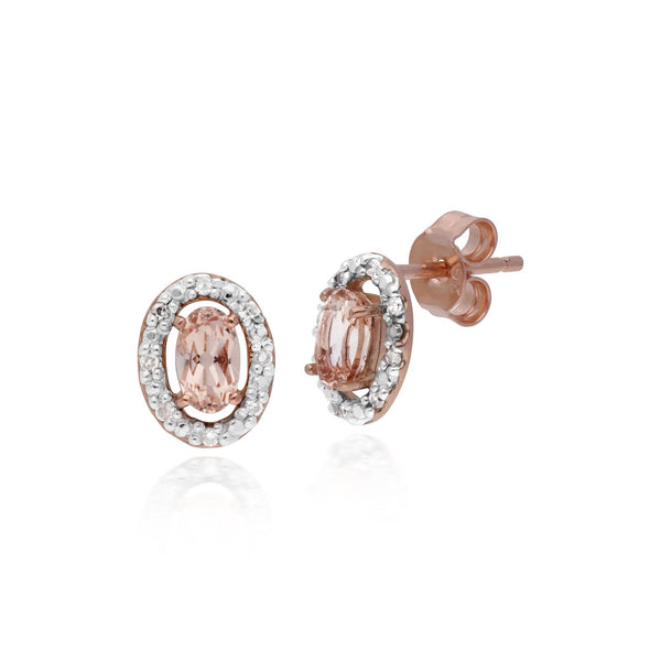 Gemondo Classic Oval Morganite & Diamond Halo Stud Earrings & Pendant In 9ct Rose Gold