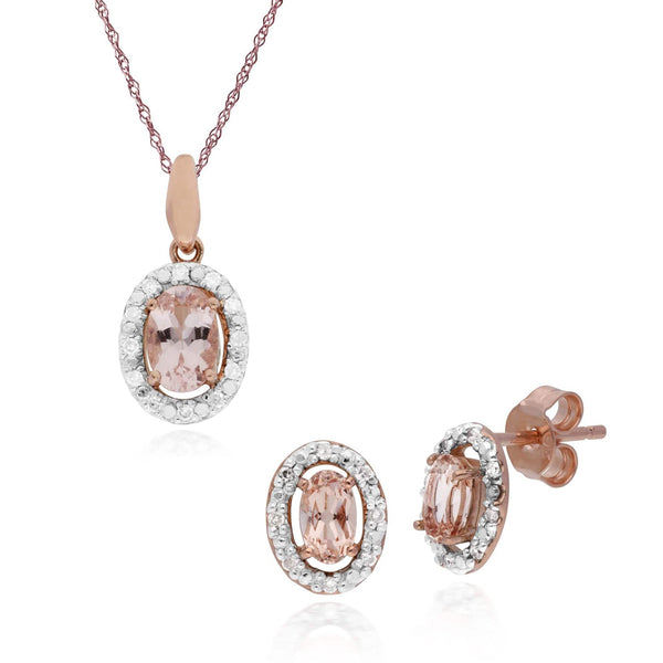 gemondo Classic Oval Morganite & Diamond Halo Stud Earrings & Pendant in 9ct Rose Gold