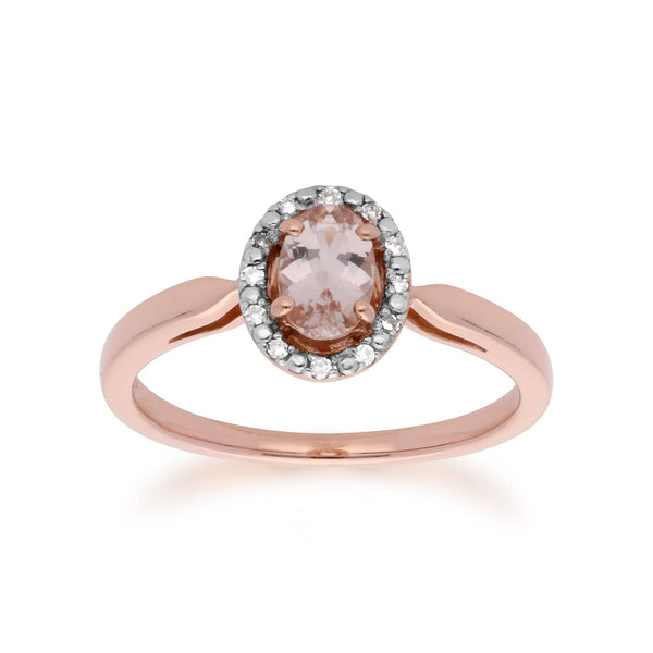 Gemondo Classic Oval Morganite & Diamond Halo Stud Earrings & Solitaire Ring Set In 9ct Rose Gold
