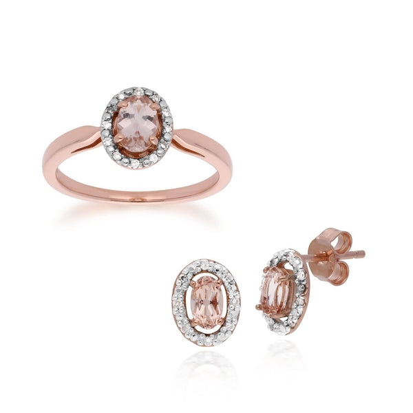 gemondo Classic Oval Morganite & Diamond Halo Stud Earrings & Solitaire Ring Set in 9ct Rose Gold