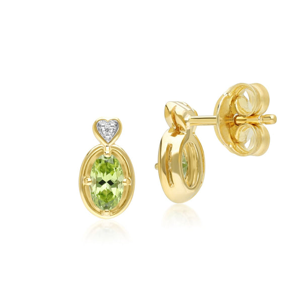 Gemondo Classic Oval Peridot & Diamond Heart Stud Earrings In 9ct Yellow Gold