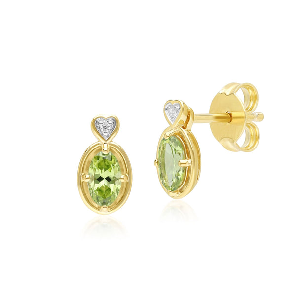 gemondo Classic Oval Peridot & Diamond Heart Stud Earrings In 9ct Yellow Gold