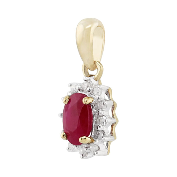 Gemondo Classic Oval Ruby & Diamond Cluster Pendant In 9ct Yellow Gold