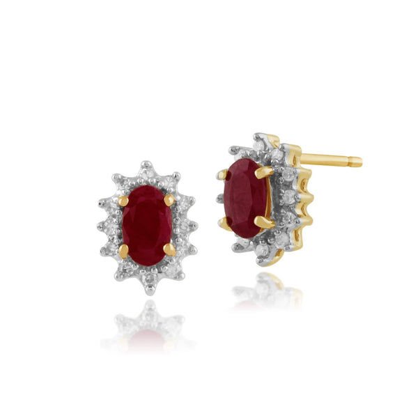 gemondo Classic Oval Ruby & Diamond Cluster Stud Earrings in 9ct Yellow Gold