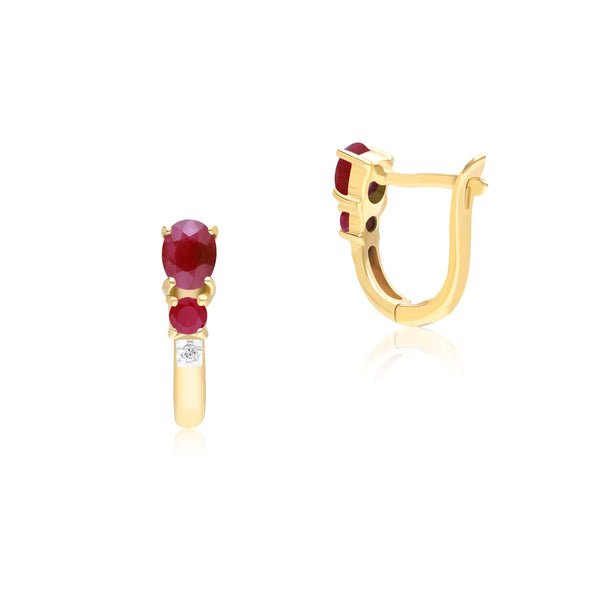 Gemondo Classic Oval Ruby & Diamond Omega Back Hoop Earrings In 9ct Yellow Gold
