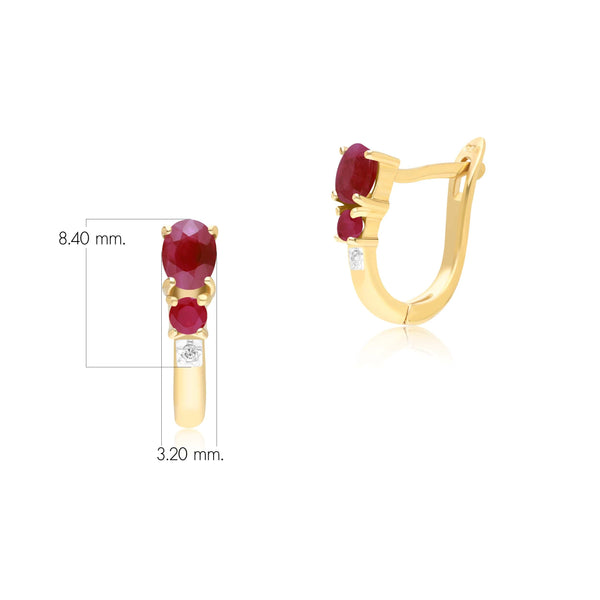 Gemondo Classic Oval Ruby & Diamond Omega Back Hoop Earrings In 9ct Yellow Gold