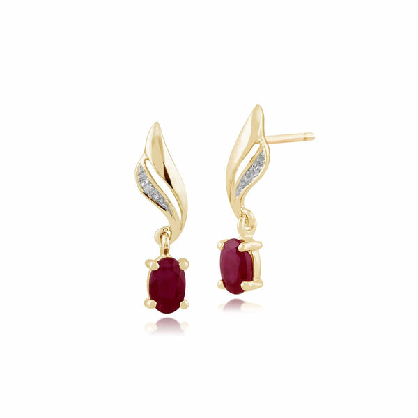 gemondo Classic Oval Ruby & Diamond Twist Drop Earrings in 9ct Yellow Gold