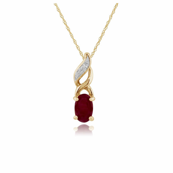 gemondo Classic Oval Ruby & Diamond Twist Pendant in 9ct Yellow Gold