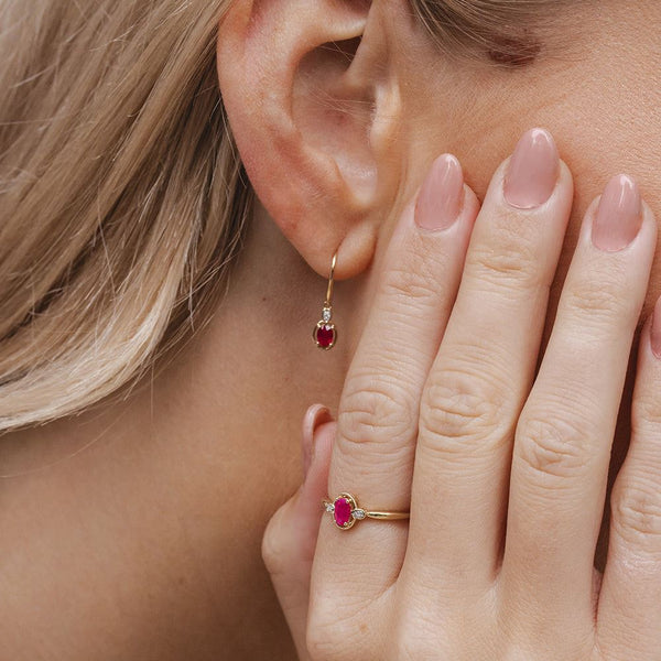 Gemondo Classic Oval Ruby & Round Diamond Drop Earrings In 9ct Yellow Gold