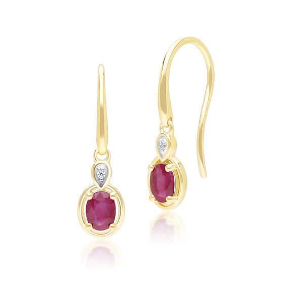 gemondo Classic Oval Ruby & Round Diamond Drop Earrings In 9ct Yellow Gold