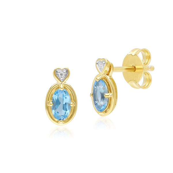 gemondo Classic Oval Topaz & Diamond Heart Stud Earrings In 9ct Yellow Gold