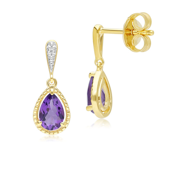 Gemondo Classic Pear Amethyst & Diamond Drop Earrings In 9ct Yellow Gold