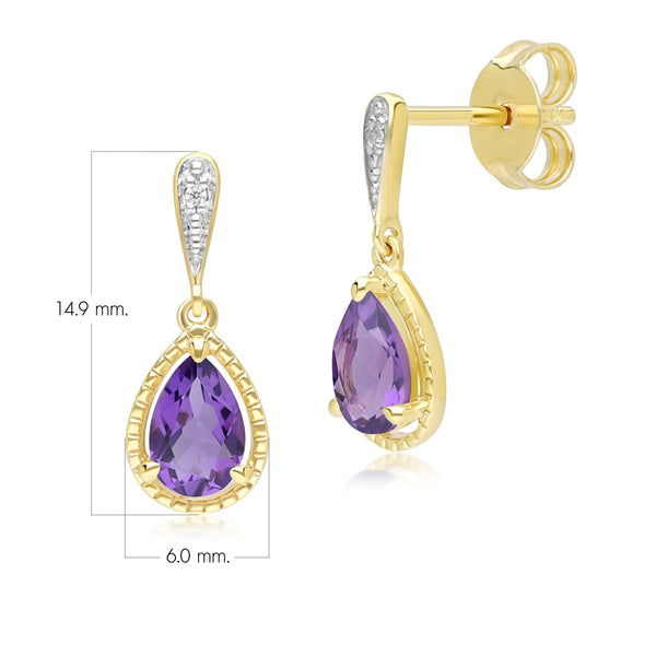 Gemondo Classic Pear Amethyst & Diamond Drop Earrings In 9ct Yellow Gold