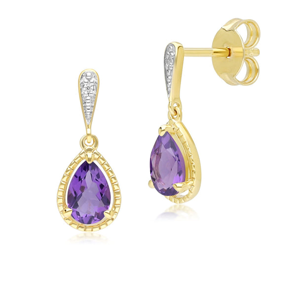 gemondo Classic Pear Amethyst & Diamond Drop Earrings In 9ct Yellow Gold