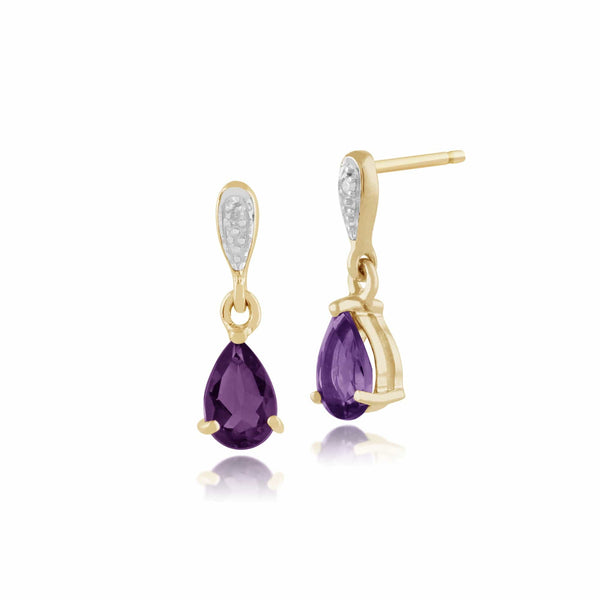 gemondo Classic Pear Amethyst & Diamond Drop Earrings in 9ct Yellow Gold 6mmx4mm