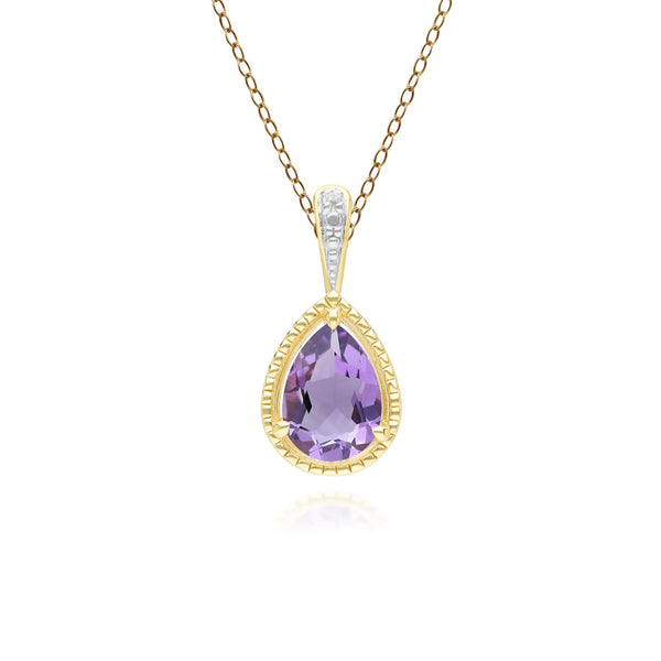gemondo Classic Pear Amethyst & Diamond Pendant Necklace In 9ct Yellow Gold