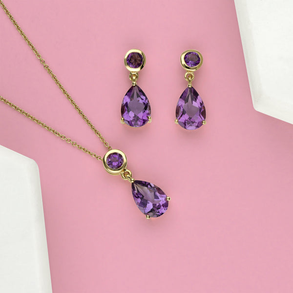 Gemondo Classic Pear Amethyst Drop Earrings In 9ct Yellow Gold