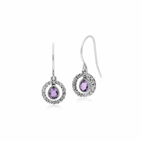 gemondo Classic Pear Amethyst & Marcasite Round Halo Drop Earrings in Sterling Silver