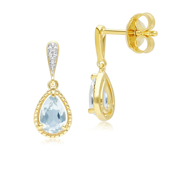 Gemondo Classic Pear Aquamarine & Diamond Drop Earrings In 9ct Yellow Gold