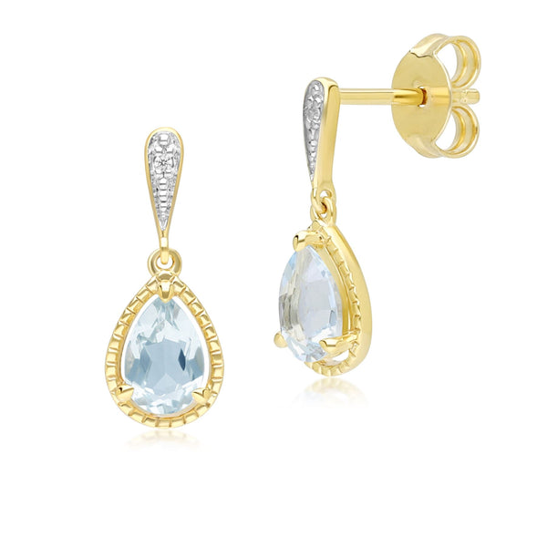 gemondo Classic Pear Aquamarine & Diamond Drop Earrings In 9ct Yellow Gold