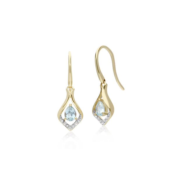 gemondo Classic Pear Aquamarine & Diamond Leaf Halo Drop Earrings in 9ct Gold