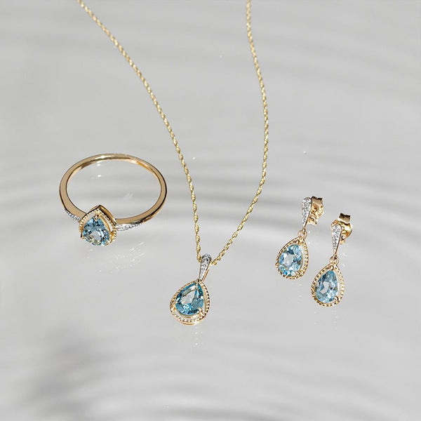 Gemondo Classic Pear Aquamarine & Diamond Pendant Necklace In 9ct Yellow Gold