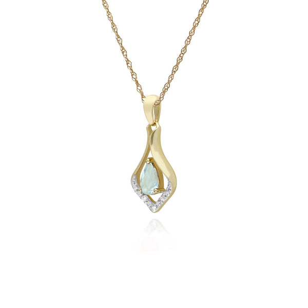 Gemondo Classic Pear Aquamarine & Three Diamond Leaf Halo Pendant In 9ct Yellow Gold